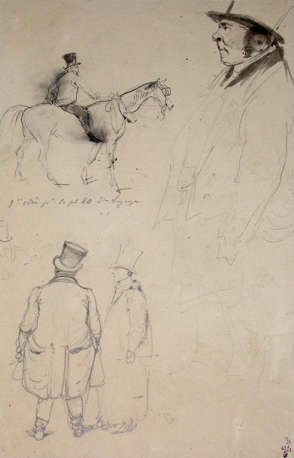 Etude pour personnages et cavalier. Arrestation par les Constables à Londres. Voyage en Angleterre ; Album de dessins : Voyage en Angleterre, Quadrille de Marie Stuart et Camp de Lunéville, volume in-folio oblong, maroquin rouge.