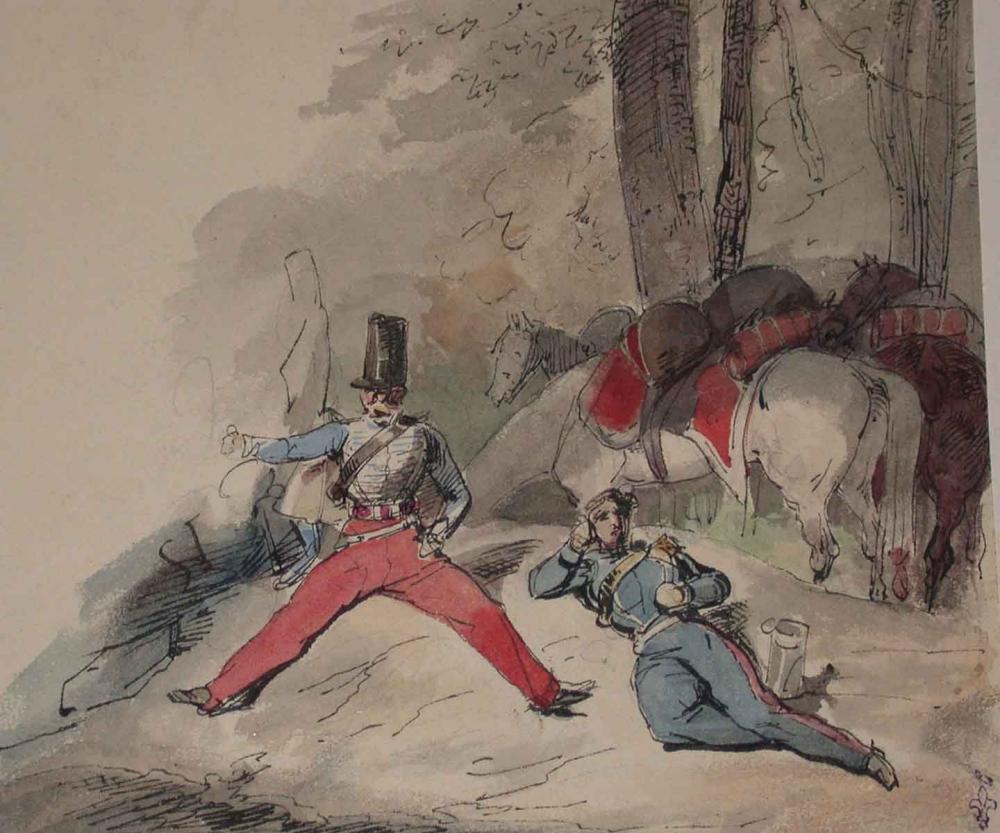 Bivouac sur la lisière d'un bois. Camp de Lunéville. ; Album de dessins : Voyage en Angleterre, Quadrille de Marie Stuart et Camp de Lunéville, volume in-folio oblong, maroquin rouge.