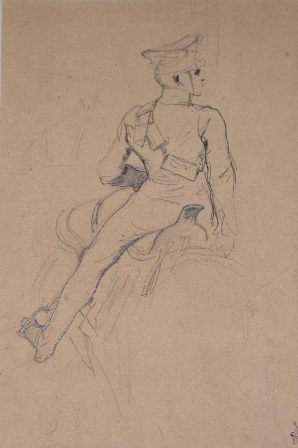 Cavalier de dos ; Album de dessins : Voyage en Angleterre, Quadrille de Marie Stuart et Camp de Lunéville, volume in-folio oblong, maroquin rouge.