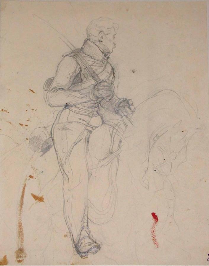 Cavalier de profil, l'épée sur l'épaule ; Album de dessins : Voyage en Angleterre, Quadrille de Marie Stuart et Camp de Lunéville, volume in-folio oblong, maroquin rouge.