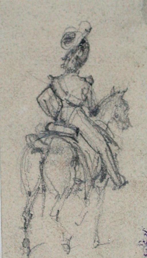 Etude de soldat à cheval ; Album de dessins : Voyage en Angleterre, Quadrille de Marie Stuart et Camp de Lunéville, volume in-folio oblong, maroquin rouge.