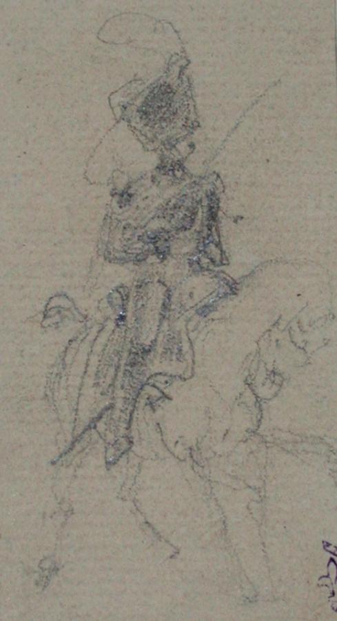 Etude de soldat à cheval ; Album de dessins : Voyage en Angleterre, Quadrille de Marie Stuart et Camp de Lunéville, volume in-folio oblong, maroquin rouge.