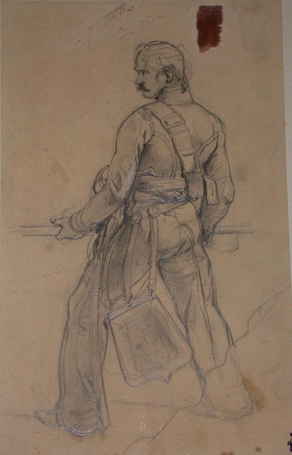 Soldat de dos ; Album de dessins : Voyage en Angleterre, Quadrille de Marie Stuart et Camp de Lunéville, volume in-folio oblong, maroquin rouge.