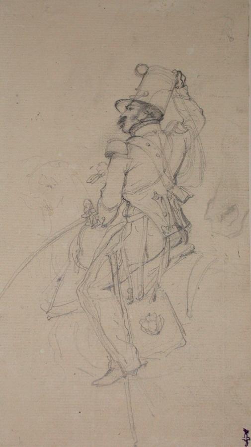 Cavalier retenant de la main droite son shako ; Album de dessins : Voyage en Angleterre, Quadrille de Marie Stuart et Camp de Lunéville, volume in-folio oblong, maroquin rouge.