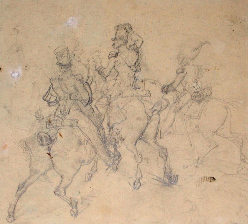 Cavalerie au galop ; Album de dessins : Voyage en Angleterre, Quadrille de Marie Stuart et Camp de Lunéville, volume in-folio oblong, maroquin rouge.