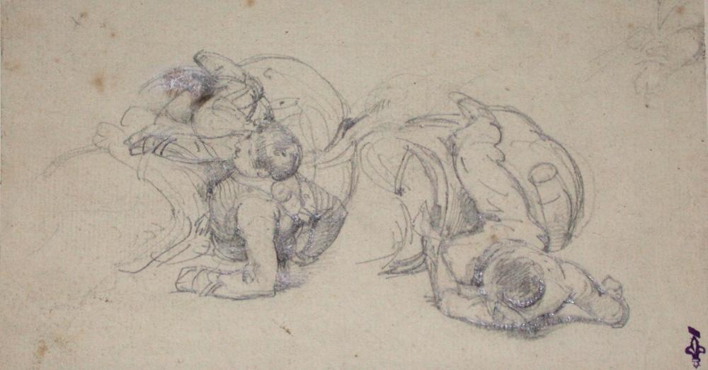 Cavalier tombant de son cheval ; Album de dessins : Voyage en Angleterre, Quadrille de Marie Stuart et Camp de Lunéville, volume in-folio oblong, maroquin rouge.
