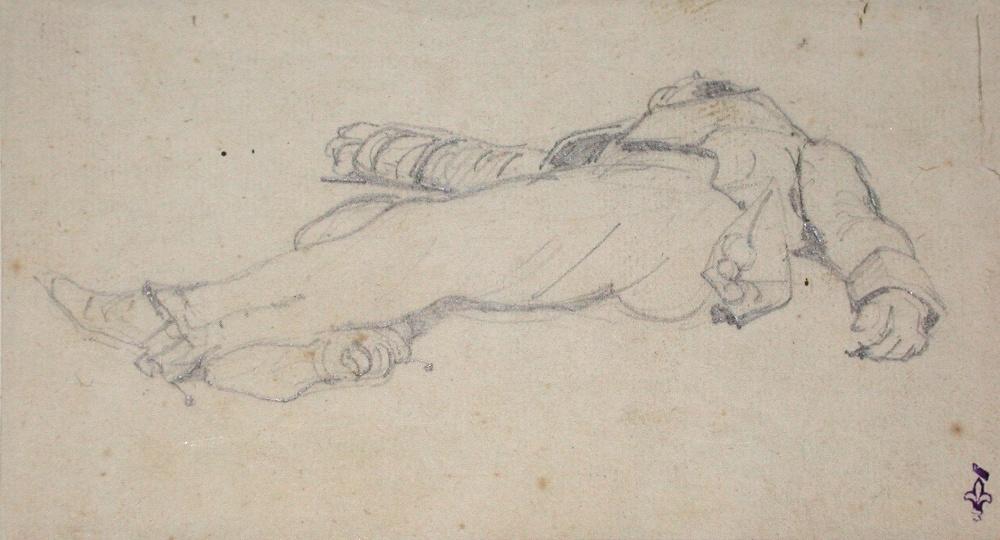 Etude pour soldat mort ; Album de dessins : Voyage en Angleterre, Quadrille de Marie Stuart et Camp de Lunéville, volume in-folio oblong, maroquin rouge.