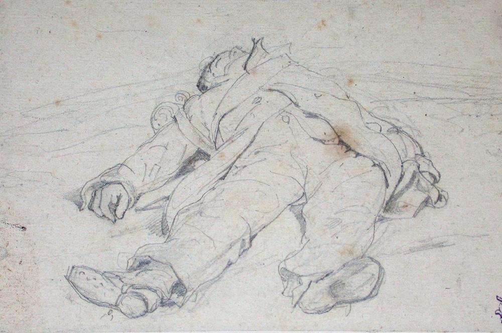 Etude pour soldat mort ; Album de dessins : Voyage en Angleterre, Quadrille de Marie Stuart et Camp de Lunéville, volume in-folio oblong, maroquin rouge.