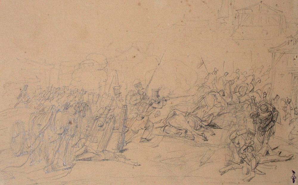 Scène de combat (recto); Cavalier de profil avec canon au secon plan (verso) ; Album de dessins : Voyage en Angleterre, Quadrille de Marie Stuart et Camp de Lunéville, volume in-folio oblong, maroquin rouge.