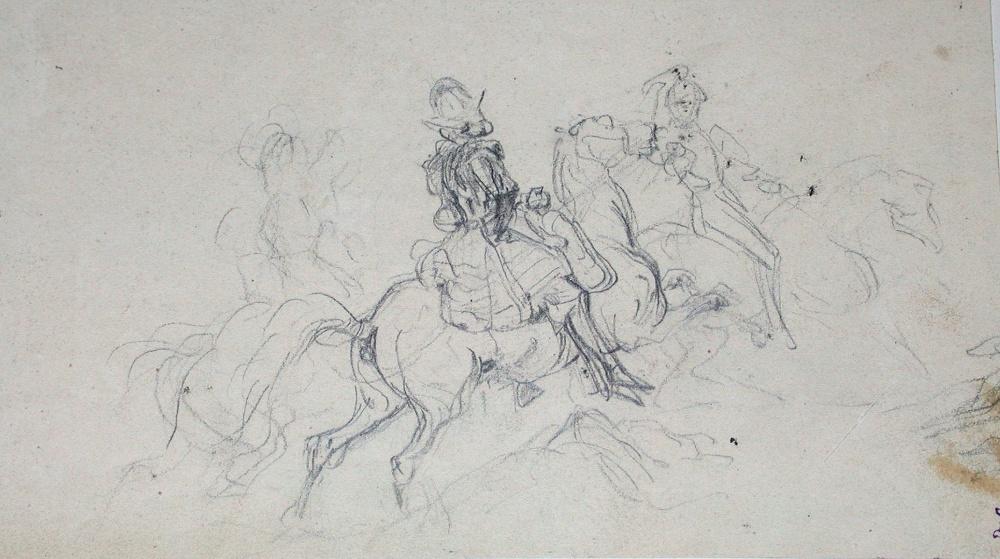 Cavalerie au galop ; Album de dessins : Voyage en Angleterre, Quadrille de Marie Stuart et Camp de Lunéville, volume in-folio oblong, maroquin rouge.