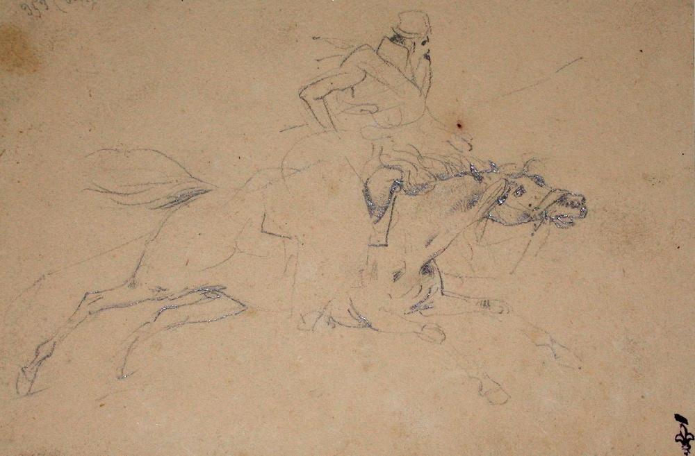 Cavalier au grand galop ; Album de dessins : Voyage en Angleterre, Quadrille de Marie Stuart et Camp de Lunéville, volume in-folio oblong, maroquin rouge.