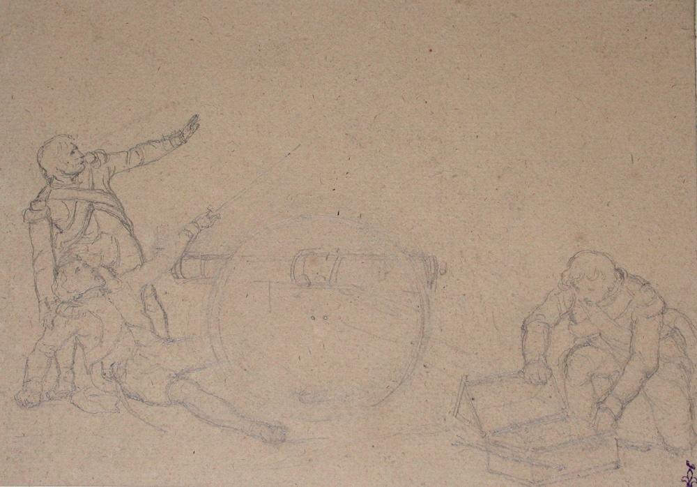 Trois soldats autour d'un canon ; Album de dessins : Voyage en Angleterre, Quadrille de Marie Stuart et Camp de Lunéville, volume in-folio oblong, maroquin rouge.