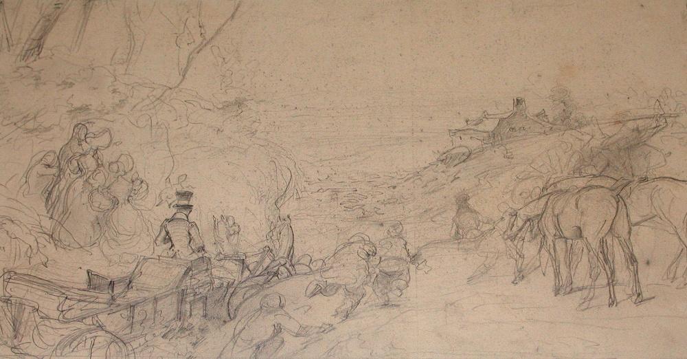 Calèche sur la route ; Album de dessins : Voyage en Angleterre, Quadrille de Marie Stuart et Camp de Lunéville, volume in-folio oblong, maroquin rouge.