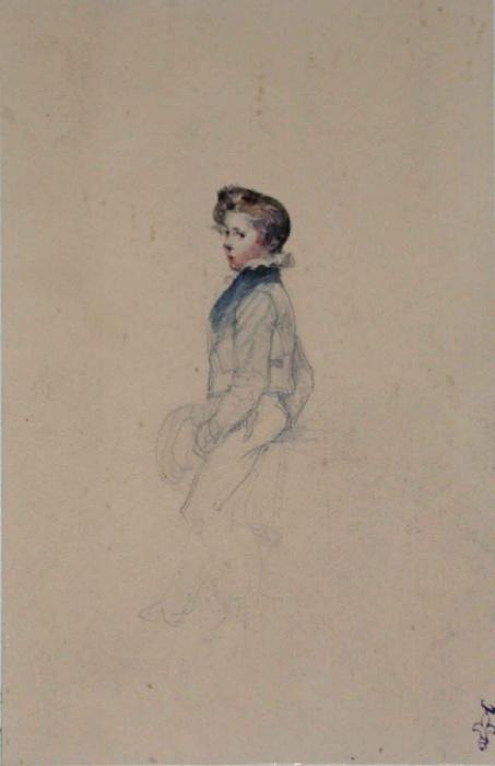 Portrait d'un enfant ; Album de dessins : Voyage en Angleterre, Quadrille de Marie Stuart et Camp de Lunéville, volume in-folio oblong, maroquin rouge.