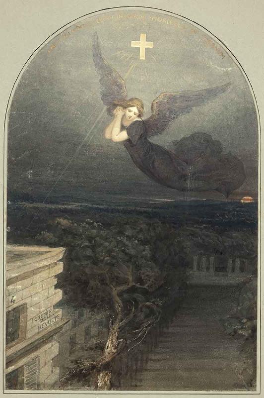 Ange habillé de noir volant dans les airs les mains jointes, surmonté de la Croix, en-dessous un bâtiment à gauche