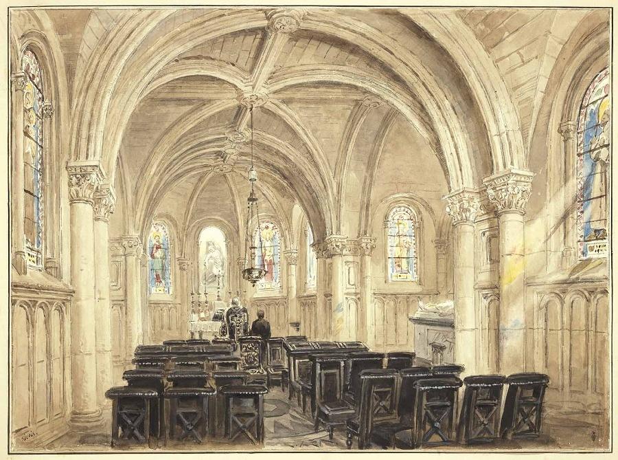 Intérieur de la chapelle Notre-Dame de la Compassion élevée à Neuilly, sur les lieux de l'accident du duc d'Orléans en 1842, avec un prêtre et un enfant de choeur en noir de dos célébrant la messe