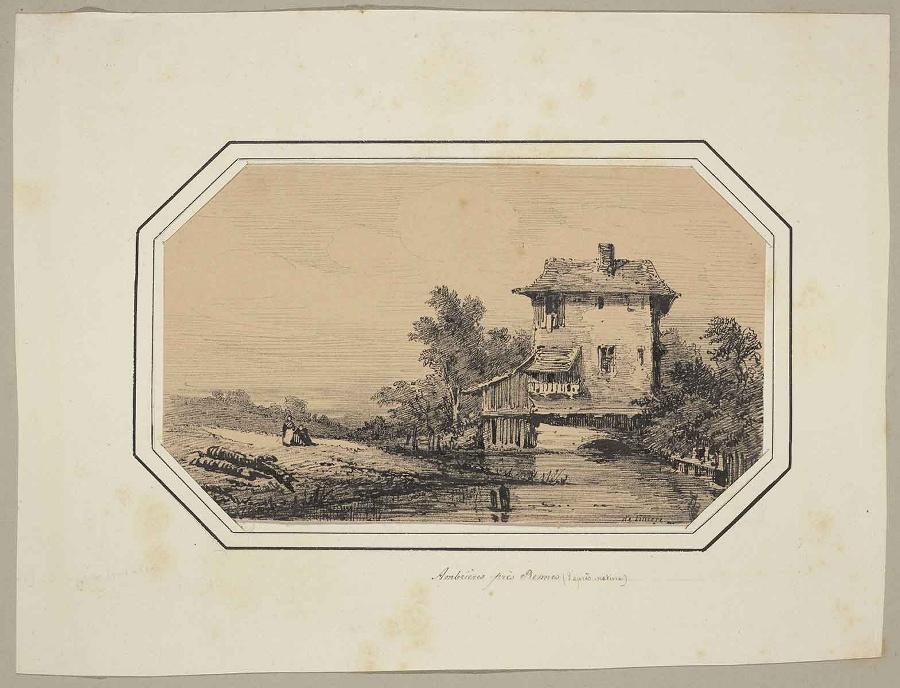 Paysage avec une maison dominant un plan d'eau à Ambrières, près de Rennes
