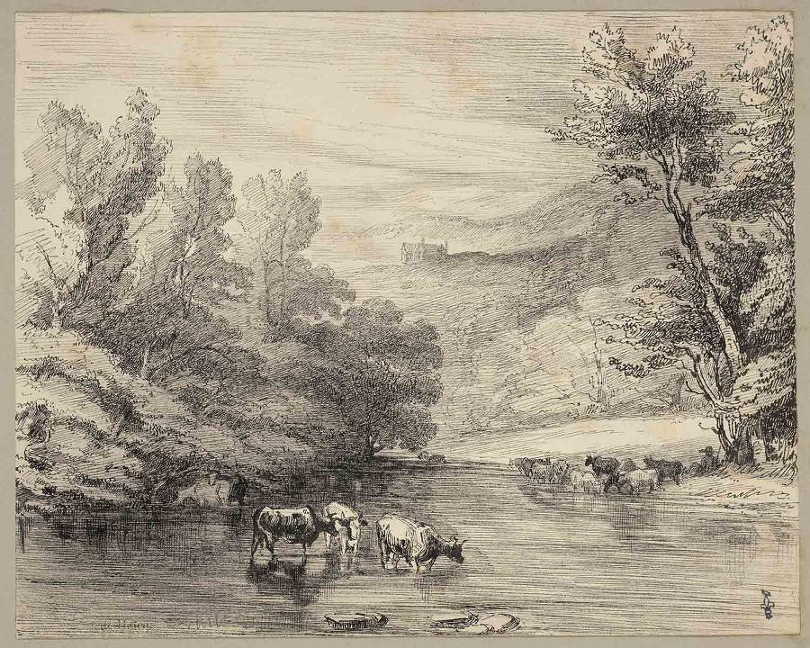 Paysage avec un troupeau de vaches traversant un gué