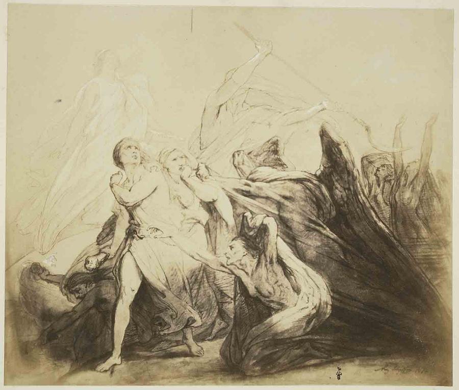 Tableau d'Ary Scheffer, avec sa signature au crayon et une légende autographe : La justice et la prudence remontant au ciel, / la discorde, le crime, l'anxiété, la mort, la misère poussés par le destin / sur la Ville, traînent à leur suite la désolation