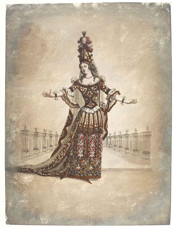 Costume d'Hermione dans un décor représentant une colonnade pour la tragédie en musique Cadmus et Hermione