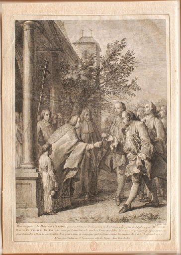 Monseigneur le Duc de Chartres passe à N. Dame de Gournay où il est reçu à la porte de l'Eglise par MRE JEAN / BAPTISTE THOMAS DU TAILLIS curé qui l'attendoit à la tête du Clergé et célébra la messe en présence de SON ALTESSE / pour demander à Dieu la conservation de ce prince dans la campagne qu'il va faire contre les ennemis de l'état le 27 avril 1744