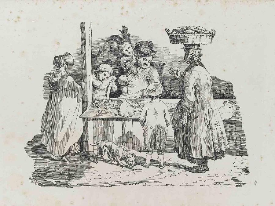 Série de sept cartons lithographiques réalisées en Angleterre : Le marchand de poissons endormi