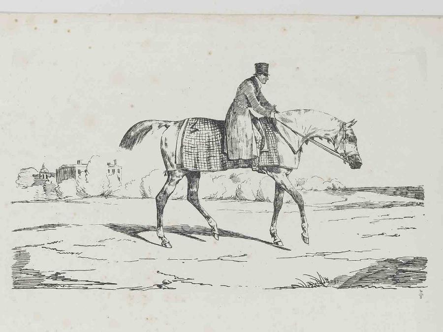Série de sept cartons lithographiques réalisées en Angleterre : Jockey anglais
