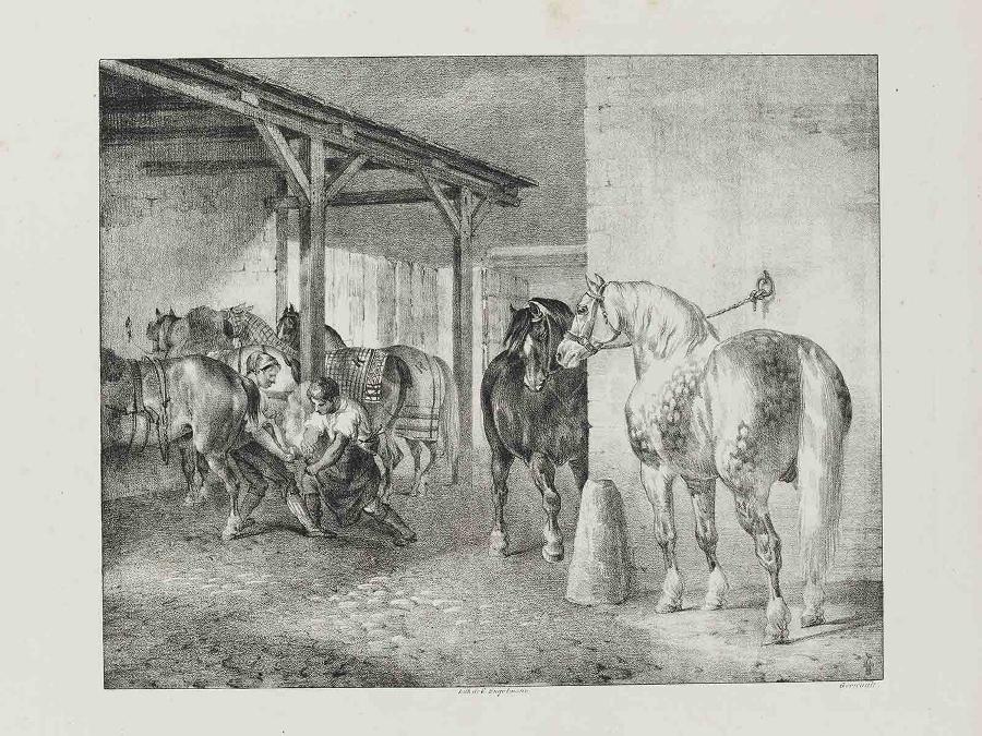 Suite de cinq lithographies : Hangar de maréchal ferrant