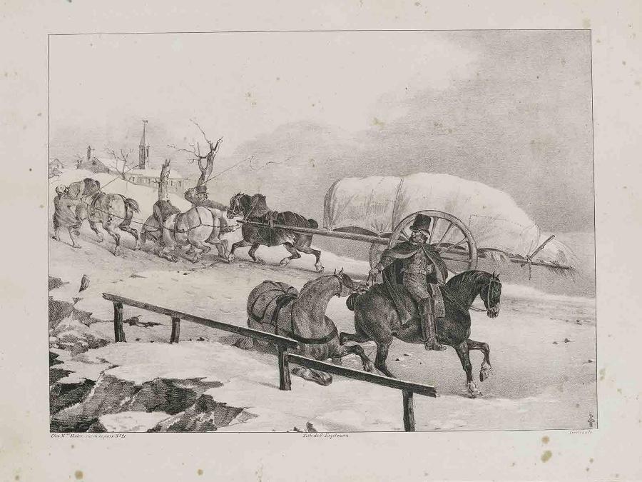 Suite de cinq lithographies : Roulier montant une côte