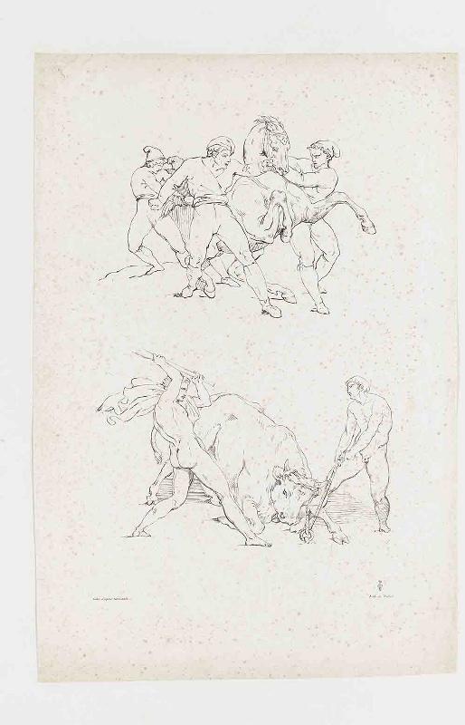 Cheval arrêté par trois hommes/hommes abattant un taureau