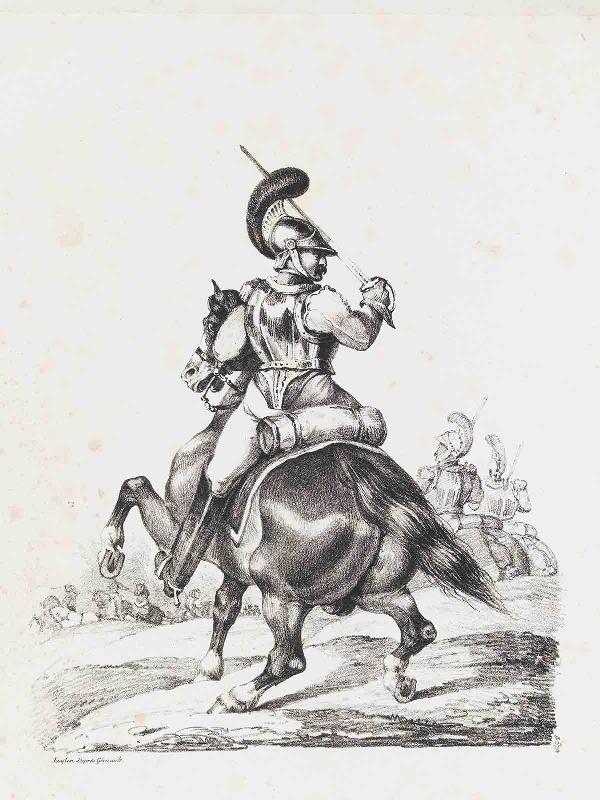 Cuirassier à cheval vu de trois-quarts arrière gauche