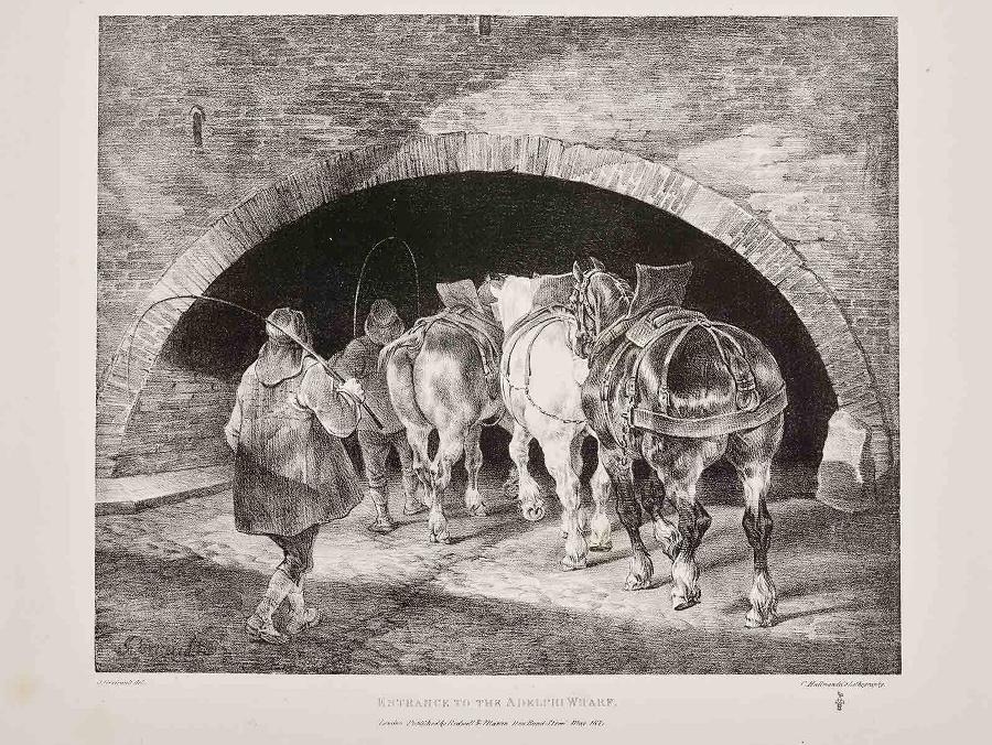 Suite anglaise (12 lithographies) : Various Subjects drawn from Life and on Stone : ENTRANCE TO THE ADELPHI WHARF