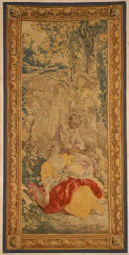 Tapisserie des Gobelins : Le Déjeuner, partie de gauche de la Noble Pastorale (la tapisserie entière est au musée de Boston) avec bordure en fleur de lys