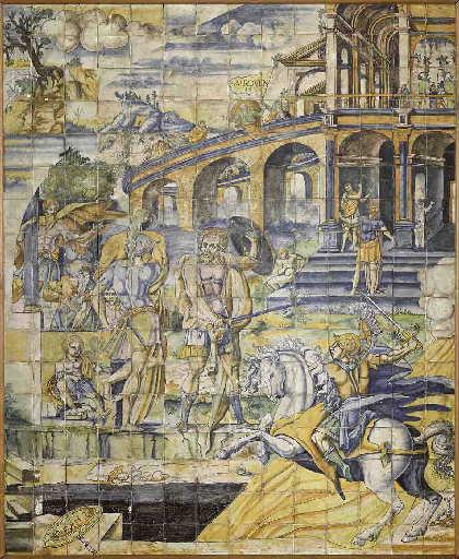 Tableau de carreaux de faïence émaillée : Marcus Curtius se précipitant dans le gouffre du forum pour apaiser la colère des dieux