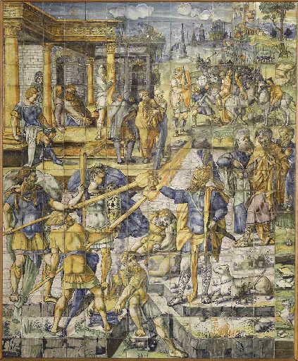 Tableau de carreaux de faïence émaillée : Mucius Scaevola au camp de Porsenna
