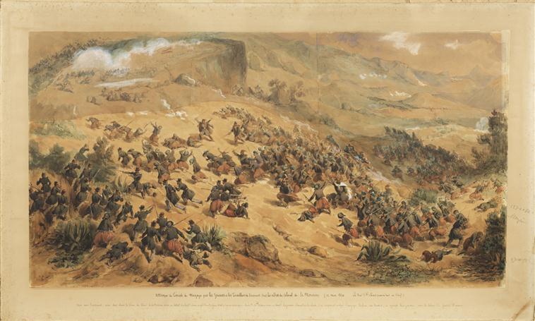 Prise du Teniah de Mouzaïa le 12 mai 1840 par les zouaves et les tirailleurs de Vincennes sous les ordres du colonel de La Moricière, le duc d'Orléans commandant en chef