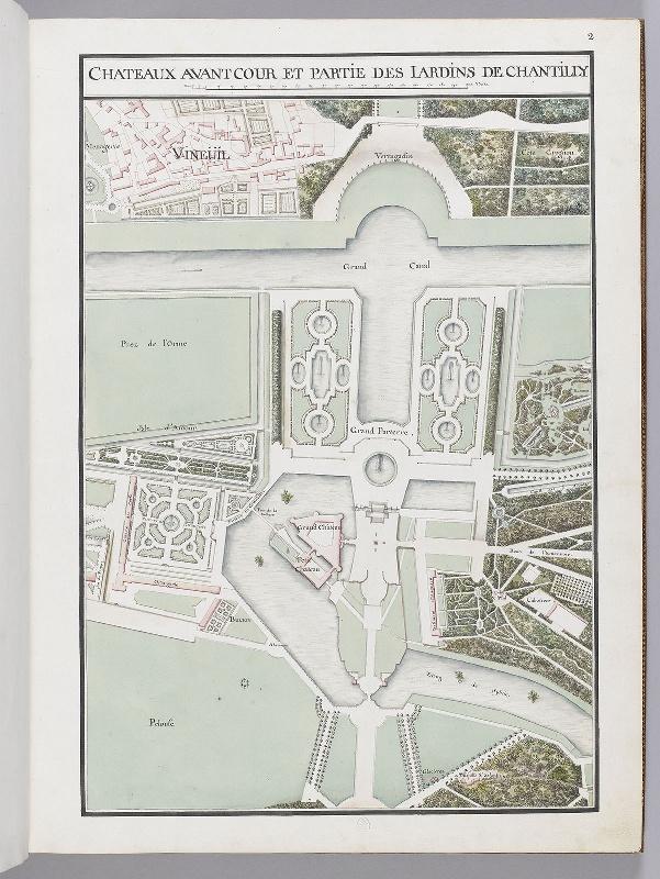 Album du comte du Nord (Planche F02) : CHATEAUX AVANT COUR ET PARTIE DES JARDINS DE CHANTILLY