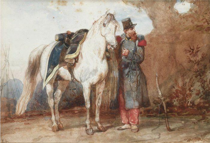 Baba-Ali, cheval du duc d'Aumale en Algérie, tenu par la bride par un soldat français, avec le chiffre 17 du 17e Léger sur le tapis de selle