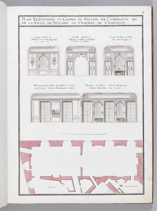 Album du comte du Nord (Planche F06) : PLAN ELEVATIONS ET COUPES DU SALLON DE COMPAGNIE ET DE LA SALLE DE BILLARD AU CHATEAU DE CHANTILLY