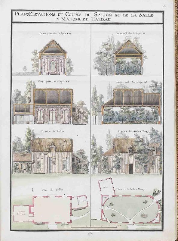 Album du comte du Nord (Planche F16) : PLANS ELEVATIONS ET COUPES DU SALLON ET DE LA SALLE A MANGER DU HAMEAU