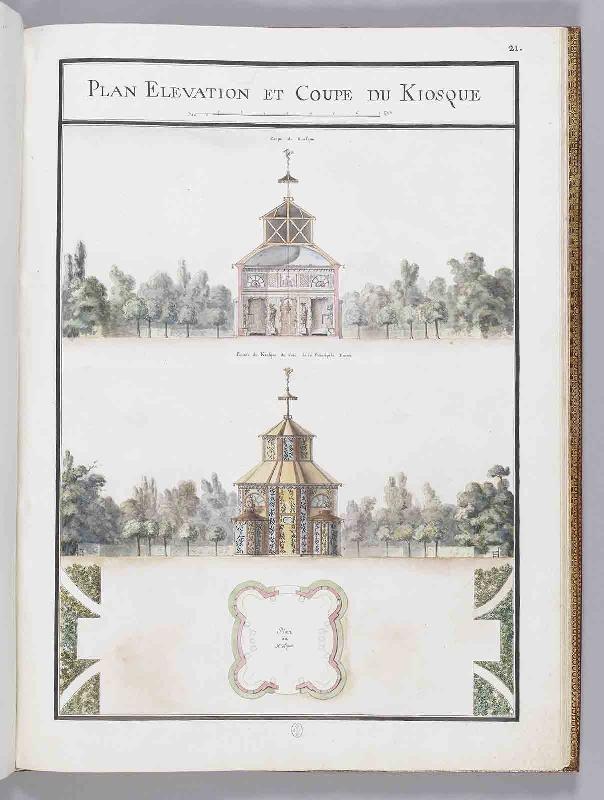 Album du comte du Nord (Planche F21) : PLAN ELEVATION ET COUPE DU KIOSQUE