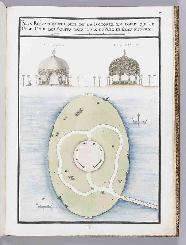 Album du comte du Nord (Planche F27) : PLAN ELEVATION ET COUPE DE LA ROTONDE EN TOILE QUI SE POSE POUR LES SOUPES DANS L'ILE DUPREZ DE L'EAU MINERAL
