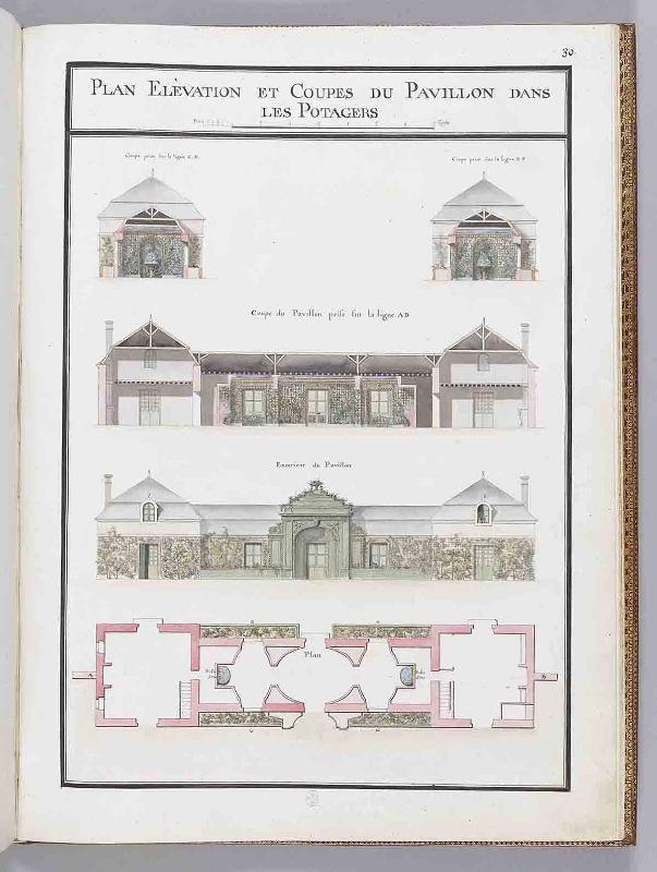 Album du comte du Nord (Planche F30) : PLAN ELEVATION ET COUPES DU PAVILLON DANS LES POTAGERS