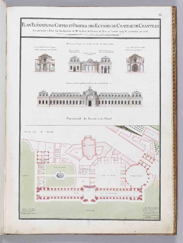 Album du comte du Nord (Planche F32) : PLAN ELEVATIONS COUPES ET PROFILS DES ECURIES DU CHATEAU DE CHANTILLY