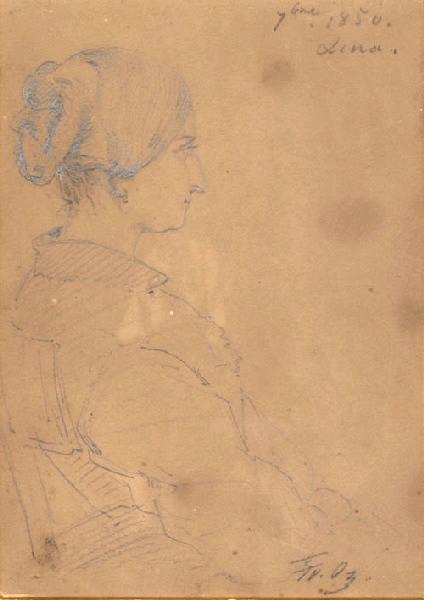 Portrait de Marie-Caroline de Bourbon-Siciles, princesse de Salerne, duchesse d'Aumale (1822-1866), sa belle-soeur, de profil, en septembre 1850