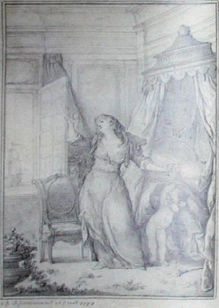 Dessin au crayon relié dans Lettres portugaises, Nouvelle édition, avec les imitations en vers par Dorat, Paris, 1806