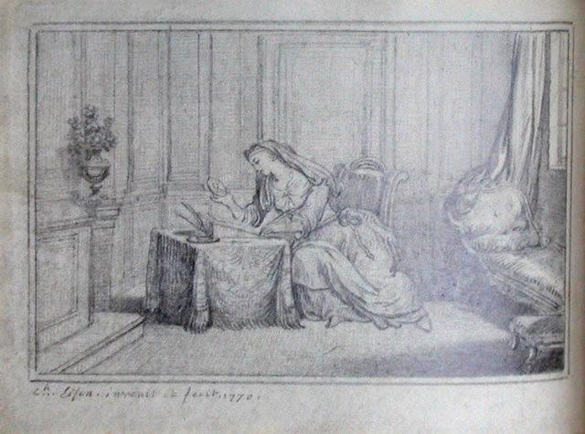 Lettres portugaises (Dessin au crayon relié dans l'ouvrage), Nouvelle édition, avec les imitations en vers par Dorat, Paris, 1806