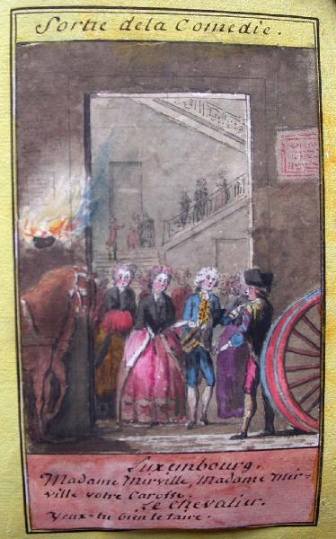 Almanach de 1758 ; Proverbes dramatiques Recueil factice de 103 dessins illustrant le premier tome des Proverbes dramatiques : Sortie de la comédie