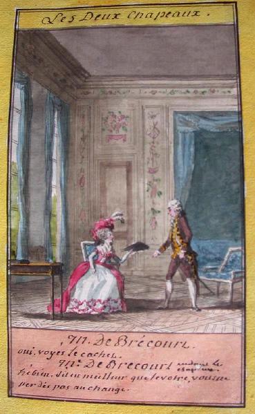 Almanach de 1758 ; Proverbes dramatiques Recueil factice de 103 dessins illustrant le premier tome des Proverbes dramatiques : Les deux chapeaux