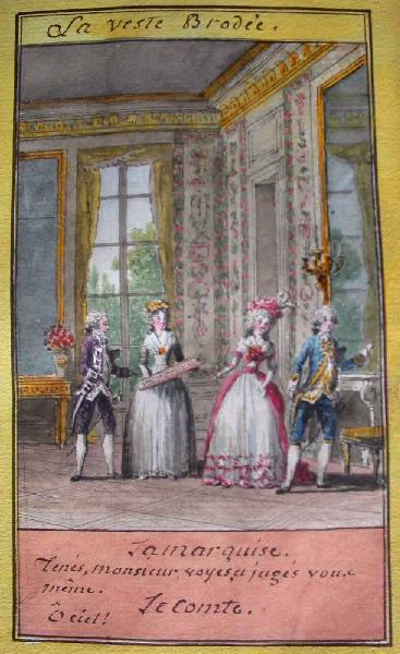 Almanach de 1758 ; Proverbes dramatiques Recueil factice de 103 dessins illustrant le premier tome des Proverbes dramatiques : La veste brodée